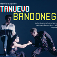 The photo depicts three artists. A male and female dancer are in the foreground. A man plays the accordion in the background. The band's name is displayed against a navy blue background.