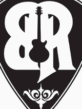 Black and white logo: in a black heart white letters "B' and "R" and a drawing of a guitar.