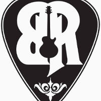 Black and white logo: in a black heart white letters "B' and "R" and a drawing of a guitar.