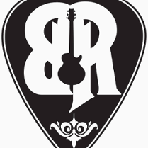Black and white logo: in a black heart white letters "B' and "R" and a drawing of a guitar.
