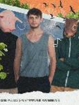 Photo of three band members, one of them with a pig head, anoter one with a squirrel head