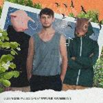 Photo of three band members, one of them with a pig head, anoter one with a squirrel head