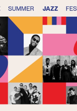 Festival poster: small photos of performers and colourful shapes.