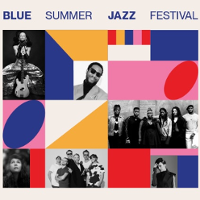 Festival poster: small photos of performers and colourful shapes.