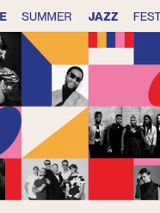 Festival poster: small photos of performers and colourful shapes.