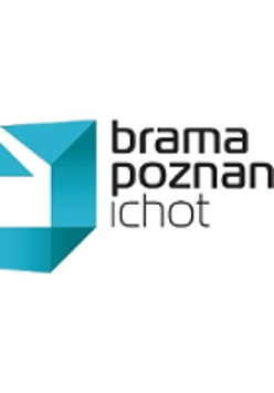 Black text "Brama poznania ichot" and blue drawing of a geometric figure resembling a cube; white background.