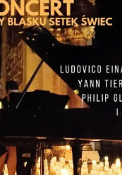 Concert poster: two musicians by the piano, on the floor numerous candles.