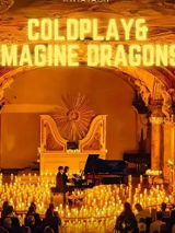 Concert poster in orange colours - a hall full of candles. In the middle a piano and two men sitting by it.