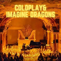 Concert poster in orange colours - a hall full of candles. In the middle a piano and two men sitting by it.