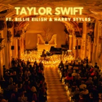 Concert poster in orange colours - a hall full of candles. In the middle a piano and a man sitting by it.