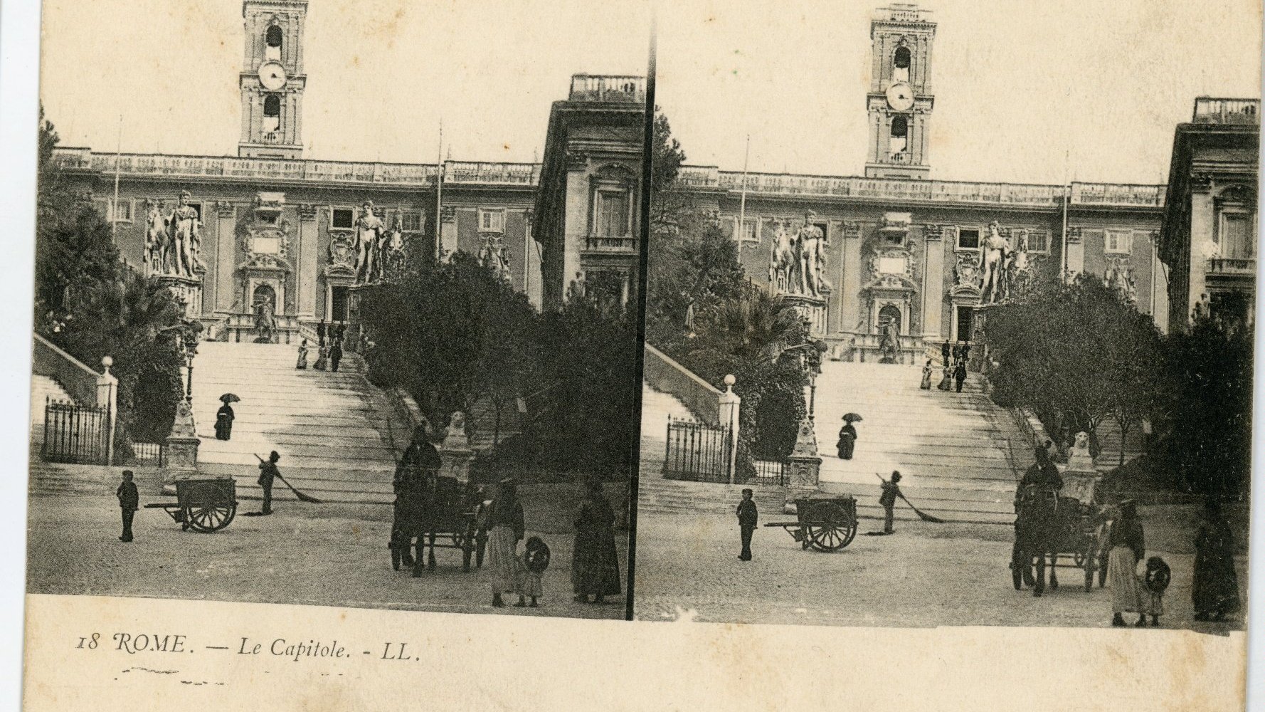 Black and white stereoscopic photograph of Capitoline Hill - stairs to the building and a few people on and in front of them. Trees along the stairs.
