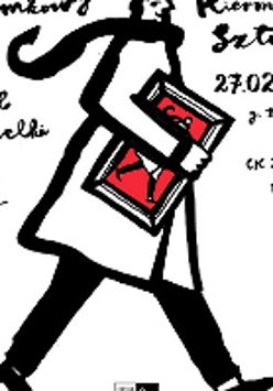 A drawing showing a smiling, walking man in a cloak, carrying a framed picture under his arm.