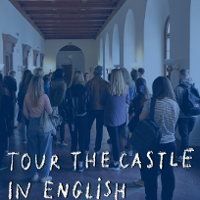 Photo of a group of people sightseeing in the Castle's corridor.