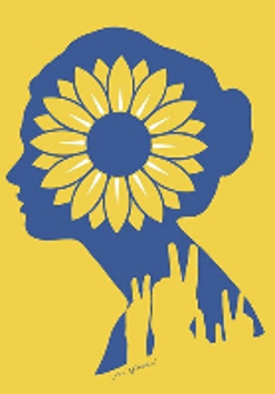 Concert poster: woman's head in blue colour on yellow background, yellow flower on woman's head and yellow hands with the gesture of victoria