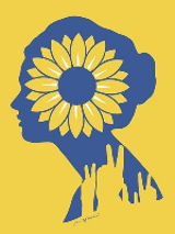 Concert poster: woman's head in blue colour on yellow background, yellow flower on woman's head and yellow hands with the gesture of victoria