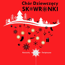 Concert poster in red, white, black and beige colours with Christmas and winter elements.