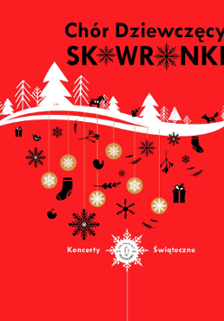 Concert poster in red, white, black and beige colours with Christmas and winter elements.