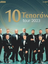 Photo of ten men in black suits. Green background.