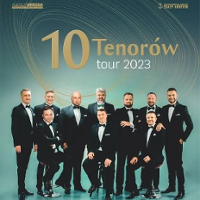 Photo of ten men in black suits. Green background.