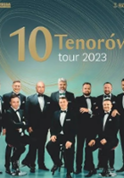 Photo of ten men in black suits. Green background.