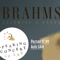 Concert poster with information about the event in white, grey, beige and black colours.