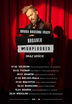 Concert tour poster; photo of Organek and information about the events.