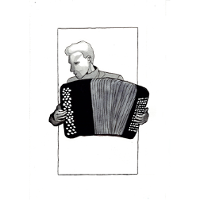 Concert poster: black and white drawing of a man playing accordion.