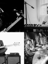 Picture divided into four black and white photos of Acid Groove musicians
