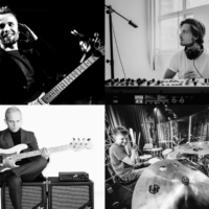 Picture divided into four black and white photos of Acid Groove musicians