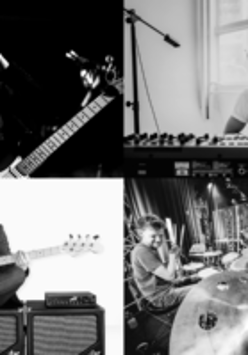 Picture divided into four black and white photos of Acid Groove musicians