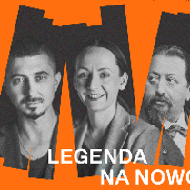 Concert poster - black and white photos of the artists on orange background.