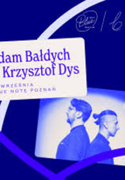 Concert poster in blue colours: information about the event and a small photo of Adam Bałdych and Krzysztof Dys, who stand back to back.