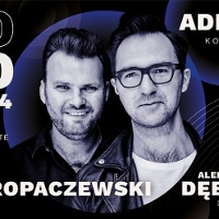 Concert poster in blue colours: photo of two men, Aleksander Dębicz and Łukasz Kuropaczewski.