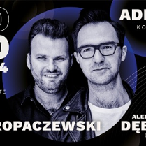 Concert poster in blue colours: photo of two men, Aleksander Dębicz and Łukasz Kuropaczewski.