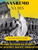 Concert poster - photo of Colosseum, orchestra and a dancer. Yellow text on it - information about the event.