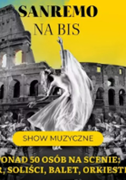 Concert poster - photo of Colosseum, orchestra and a dancer. Yellow text on it - information about the event.