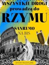 Concert poster with a photo of the Colosseum in Rome, two glasses and the title of the event.