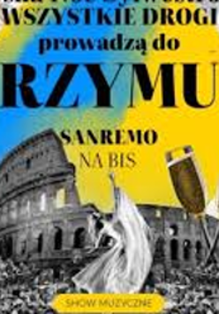 Concert poster with a photo of the Colosseum in Rome, two glasses and the title of the event.