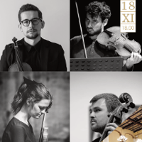 Picture divided into four black and white photos of musicians with their musical instruments: one woman and three men.