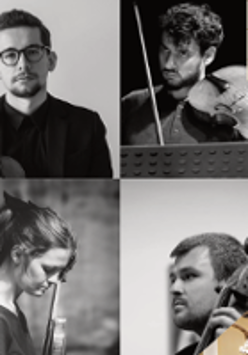 Picture divided into four black and white photos of musicians with their musical instruments: one woman and three men.