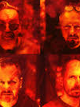 Four small photos in red, yellow and black colours of four men.