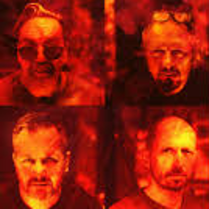 Four small photos in red, yellow and black colours of four men.