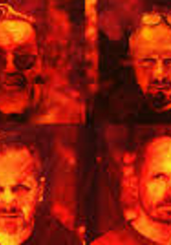 Four small photos in red, yellow and black colours of four men.
