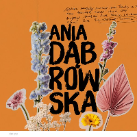 The name of the artist among flowers on orange background.