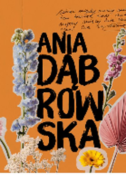 The name of the artist among flowers on orange background.