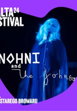 Concert poster in black, blue and violet colours: photo of a woman singing to a microphone and information about the event.