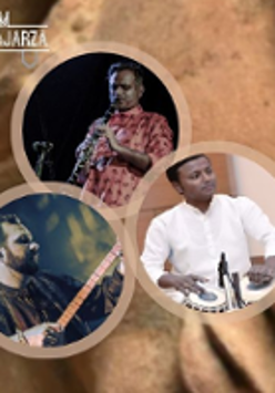 Three small photos of performers playing instruments.