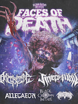 Concert poster - a scary creature with a raised hand. The title of the tour on the top of a poster and the names of the bands at the bottom of it.