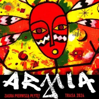 Concert poster: red mask on colourful background and the name of the band at the bottom.