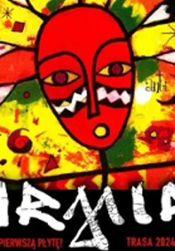 Concert poster: red mask on colourful background and the name of the band at the bottom.